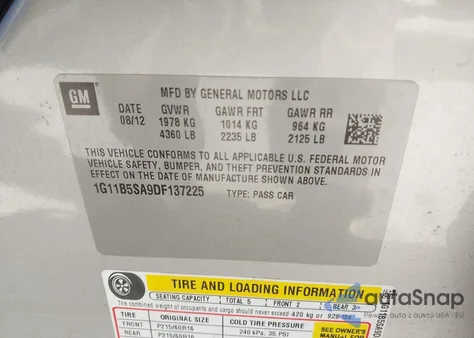 2013 Chevrolet Malibu 1Ls из США, поврежденный, VIN 1G11B5SA9DF137225